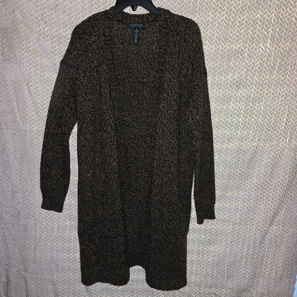 Lauren Ralph Lauren‎ Medium Duster Cardigan Sweater Knit Brown Gold Metallic